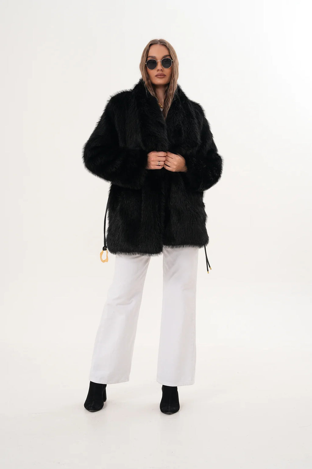 Black Belted Wide Collar Midi-Length Faux Fur Coat