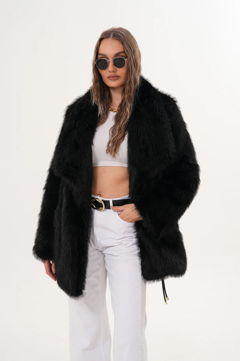 Black Belted Wide Collar Midi-Length Faux Fur Coat