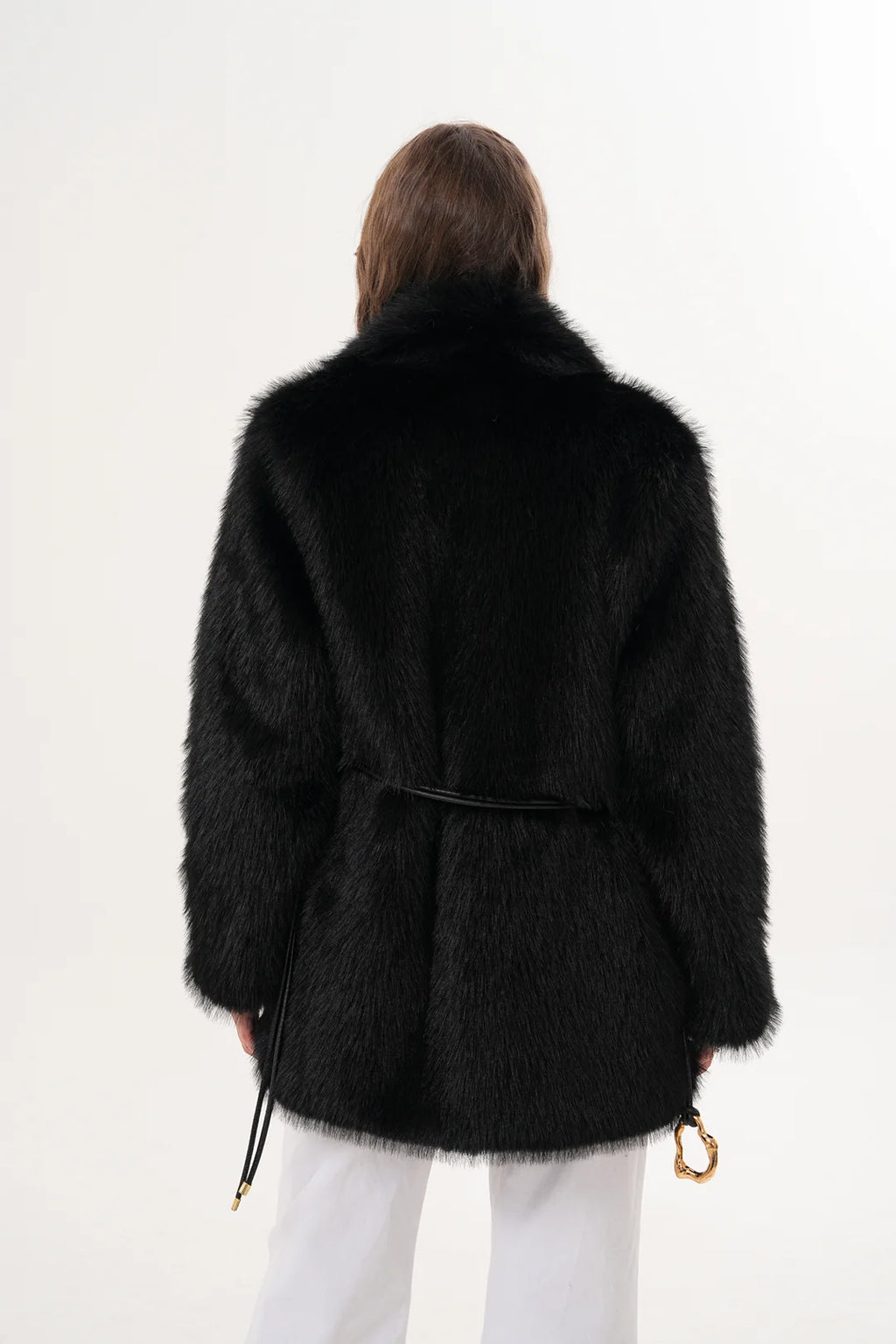 Black Belted Wide Collar Midi-Length Faux Fur Coat