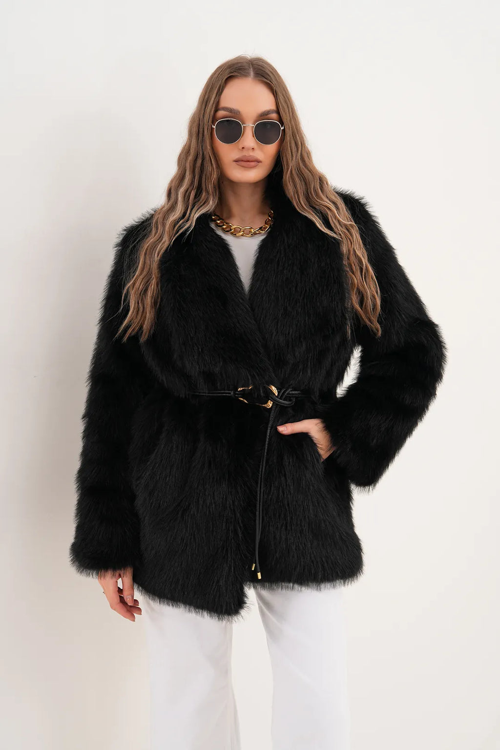 Black Belted Wide Collar Midi-Length Faux Fur Coat
