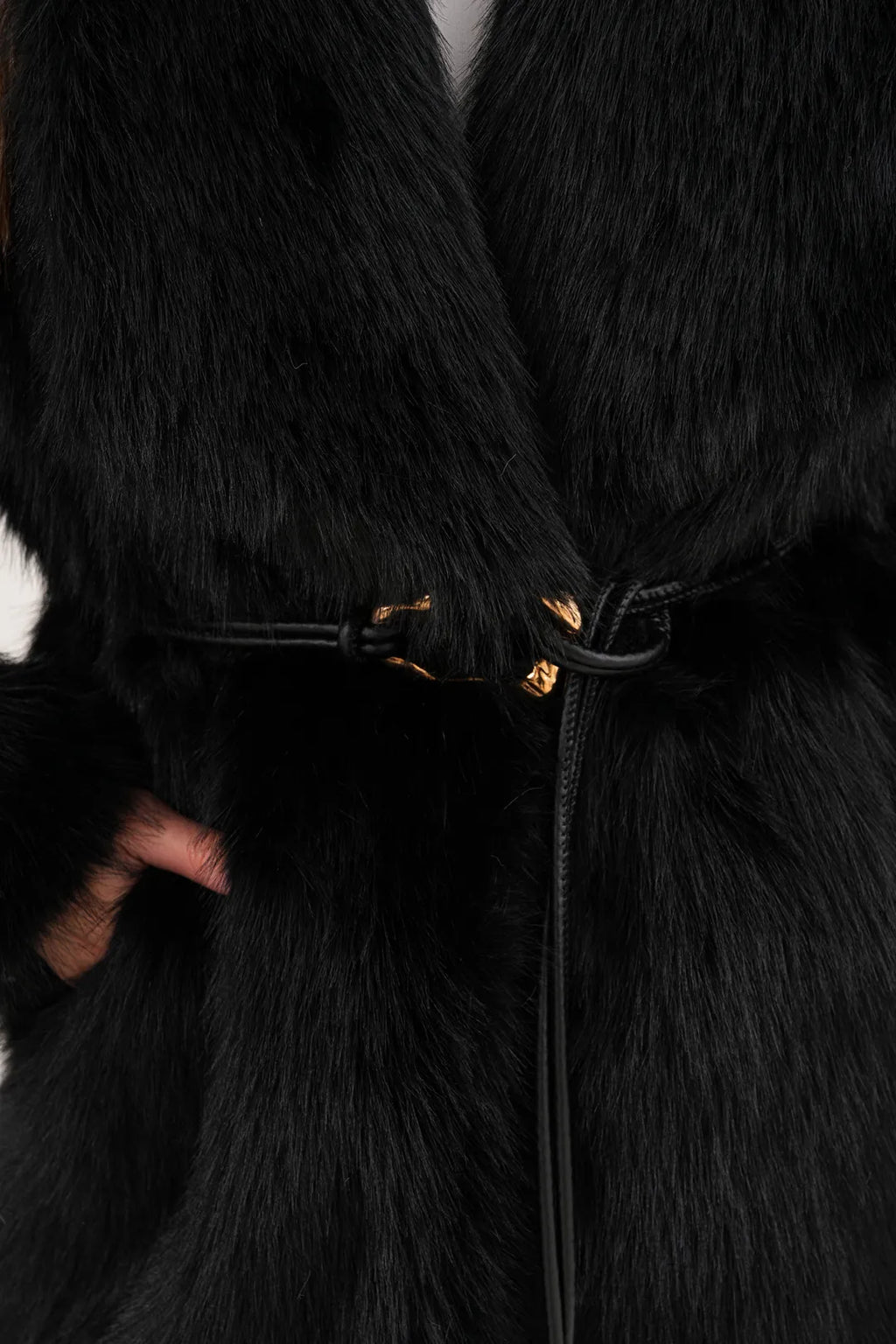 Black Belted Wide Collar Midi-Length Faux Fur Coat