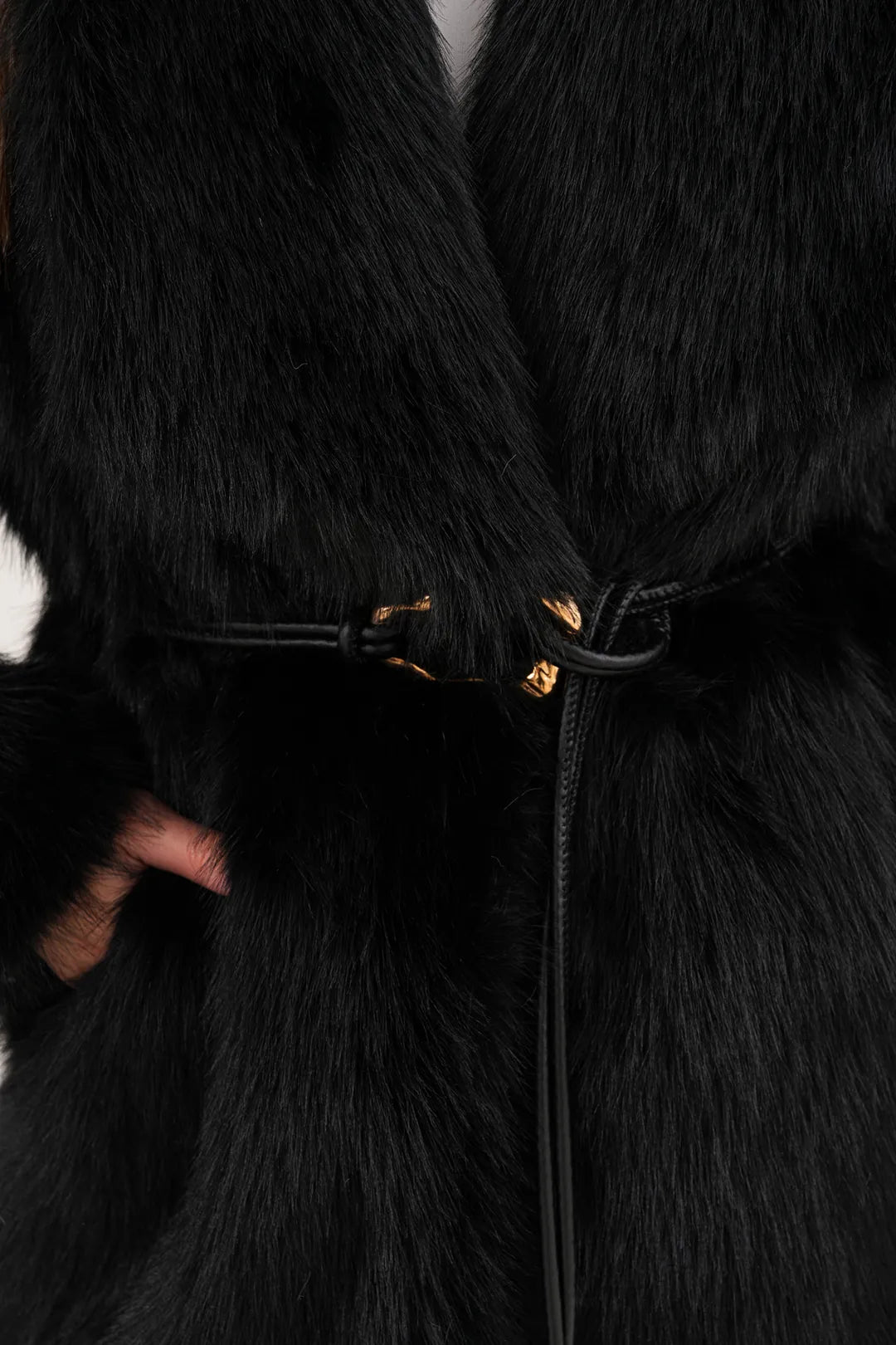 Black Belted Wide Collar Midi-Length Faux Fur Coat