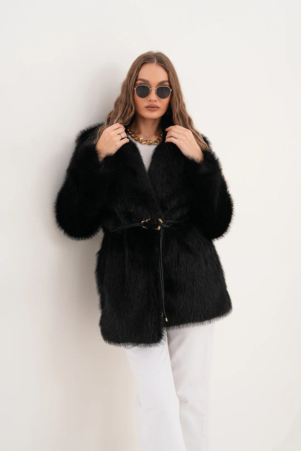 Black Belted Wide Collar Midi-Length Faux Fur Coat