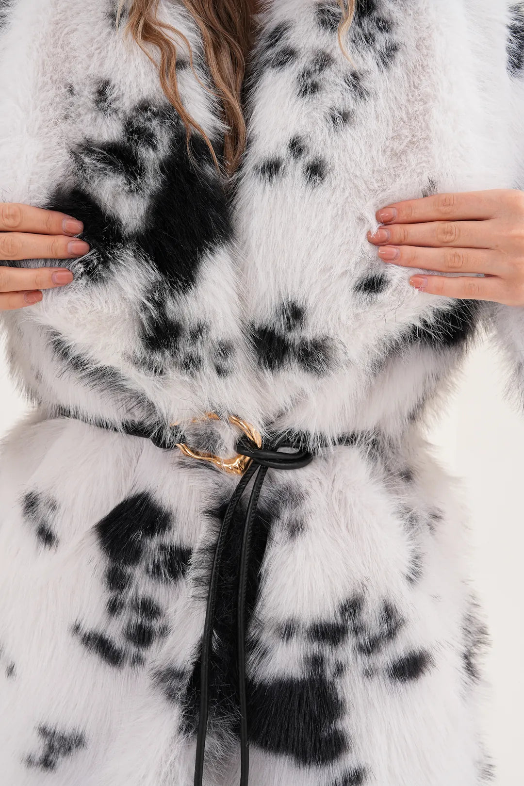Black White Belted Wide Collar Midi-Length Faux Fur Coat