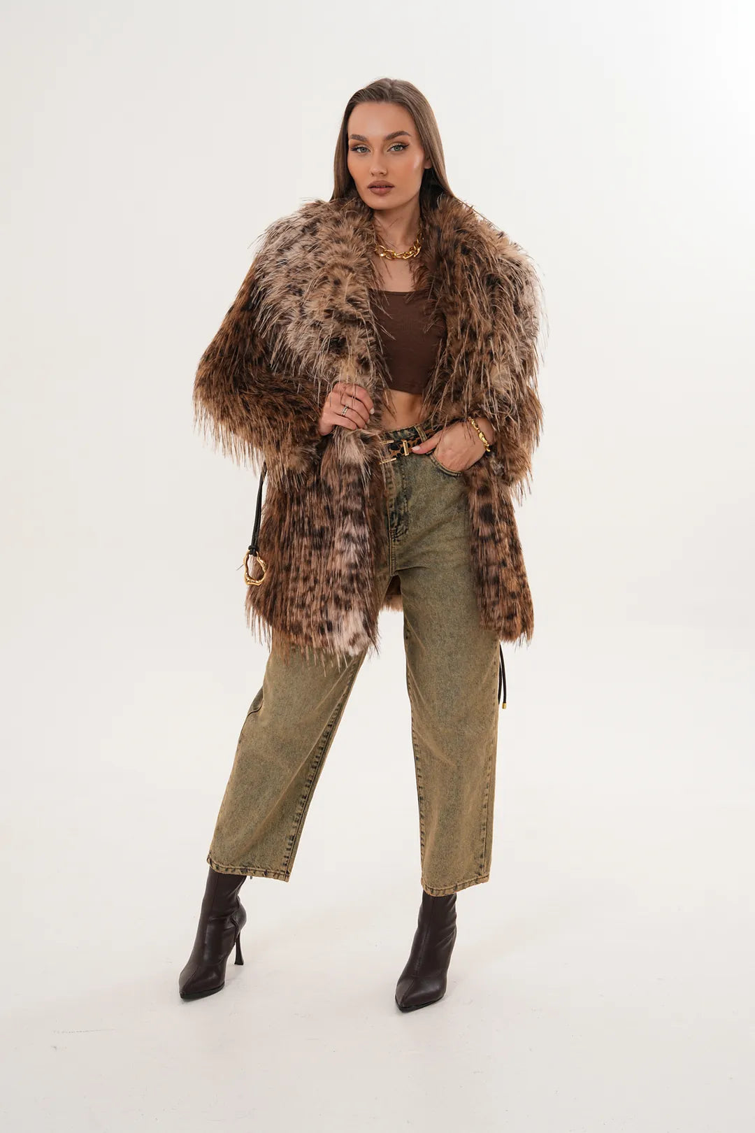 Brown Midi-Length Long-Hair Belted Leopard Shawl Collar Faux Fur Coat