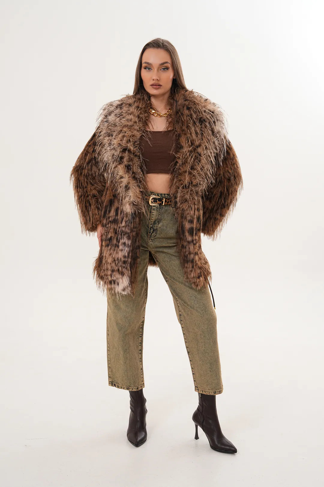Brown Midi-Length Long-Hair Belted Leopard Shawl Collar Faux Fur Coat