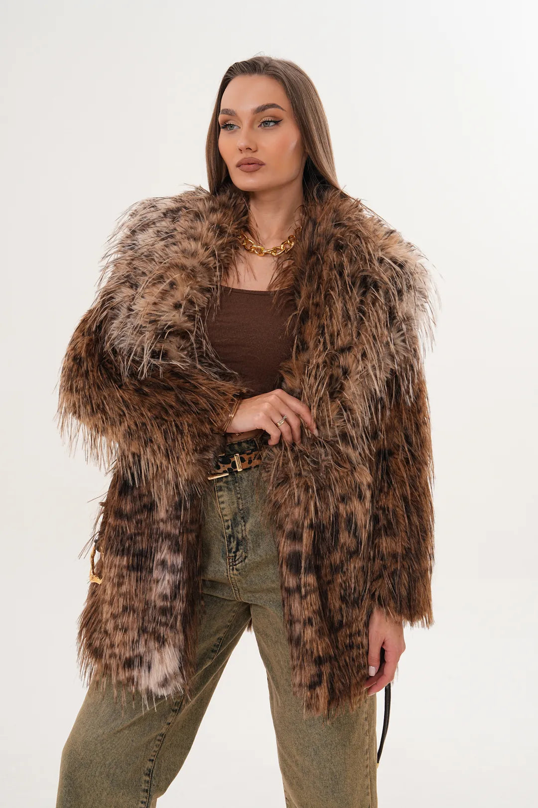 Brown Midi-Length Long-Hair Belted Leopard Shawl Collar Faux Fur Coat