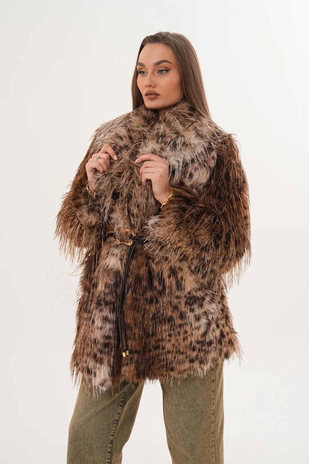 Brown Midi-Length Long-Hair Belted Leopard Shawl Collar Faux Fur Coat