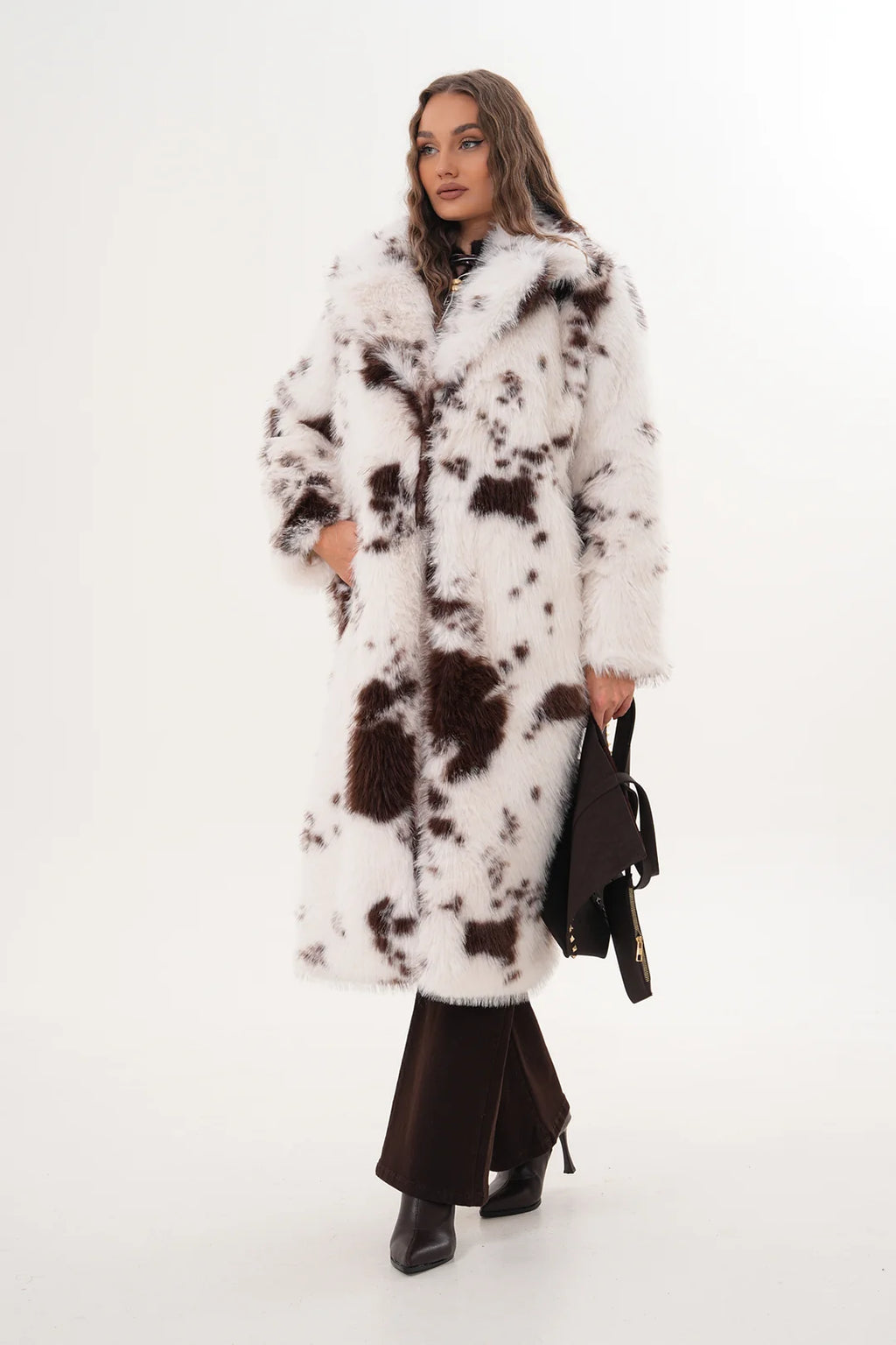 Brown Patterned Faux Fur Coat