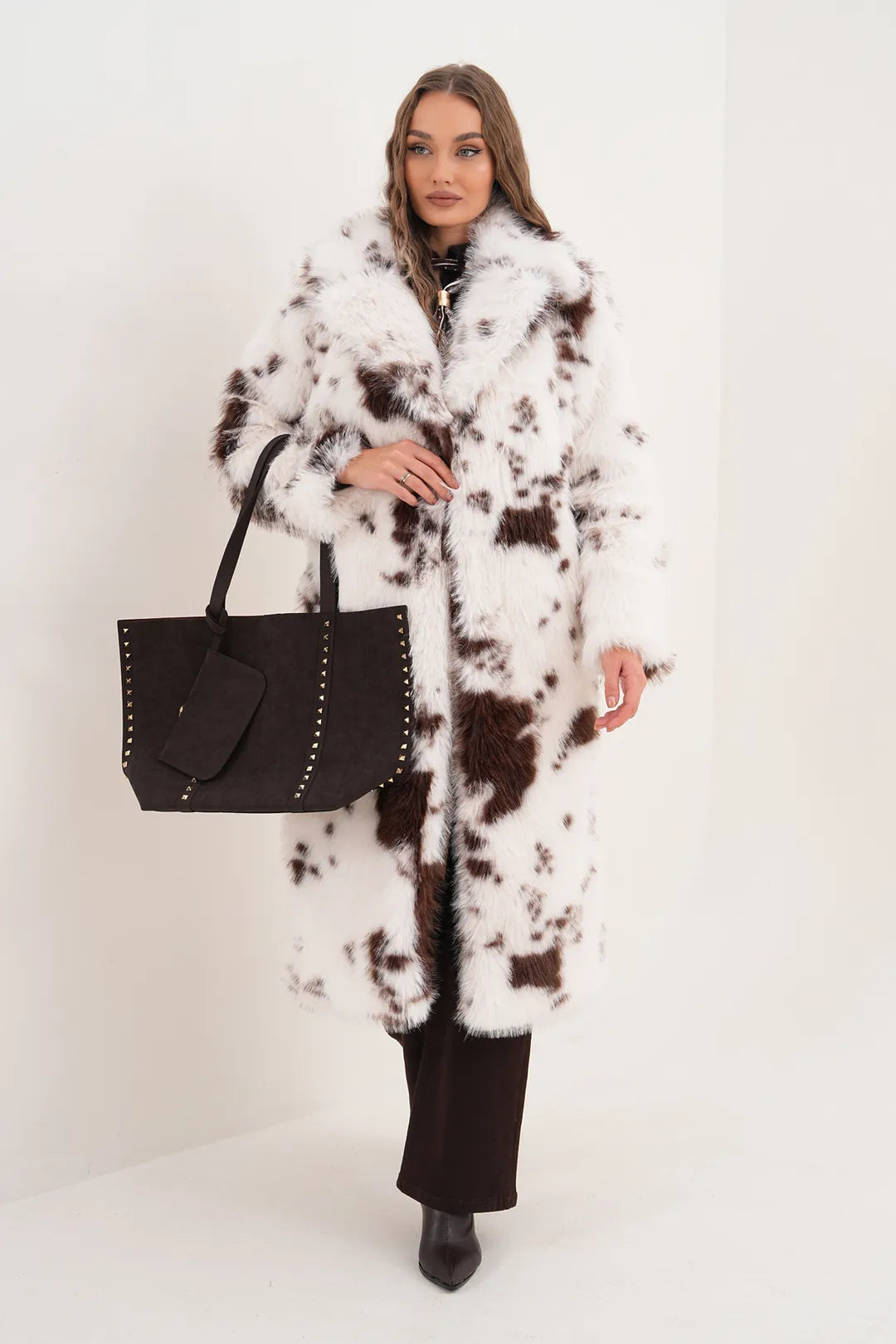 Brown Patterned Faux Fur Coat