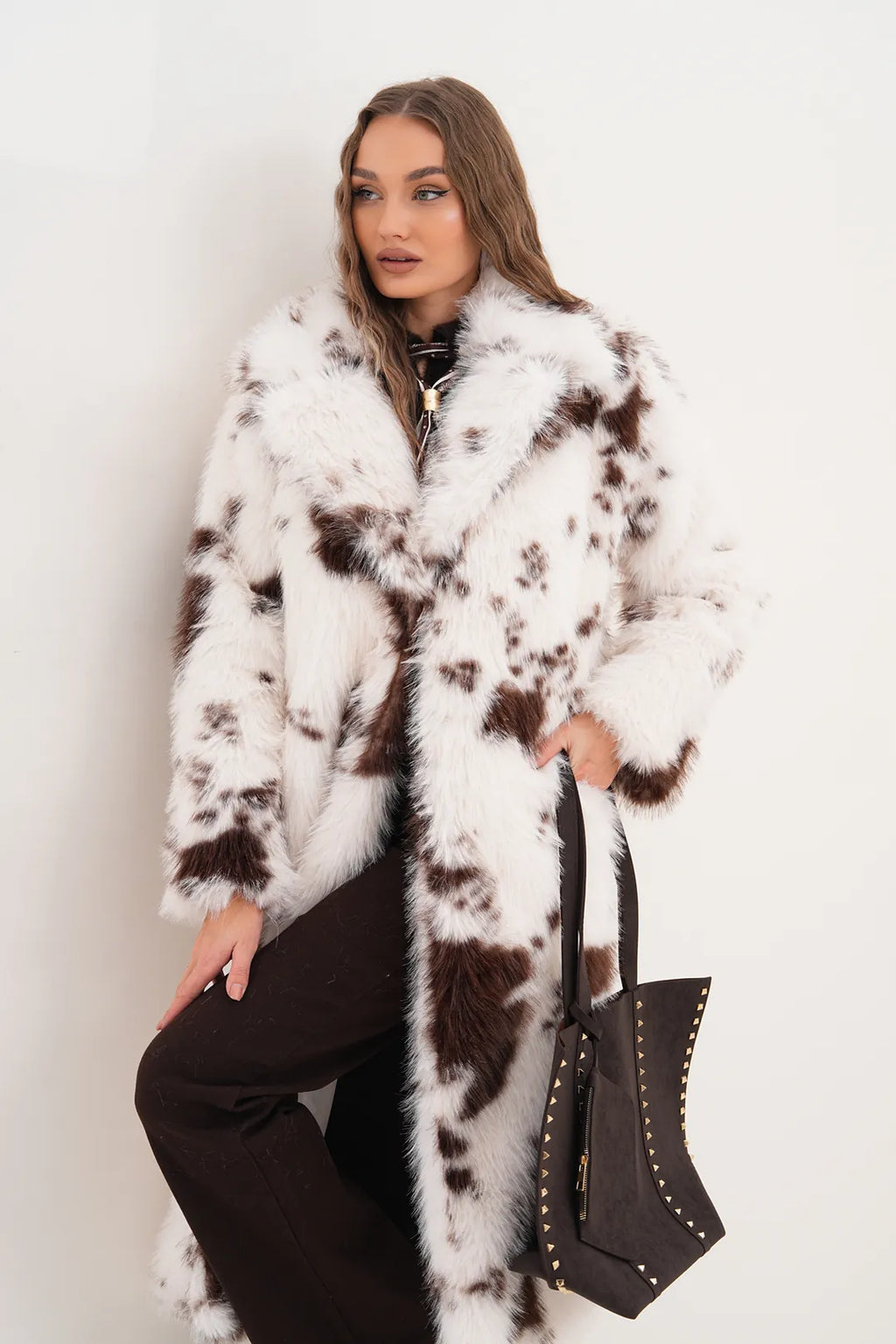 Brown Patterned Faux Fur Coat