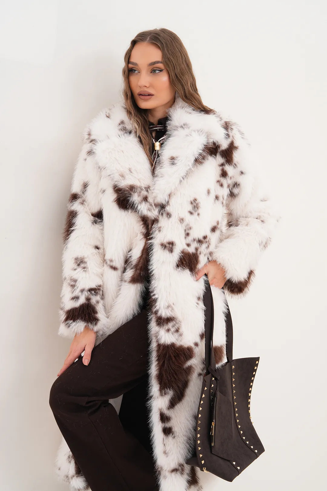 Brown Patterned Faux Fur Coat