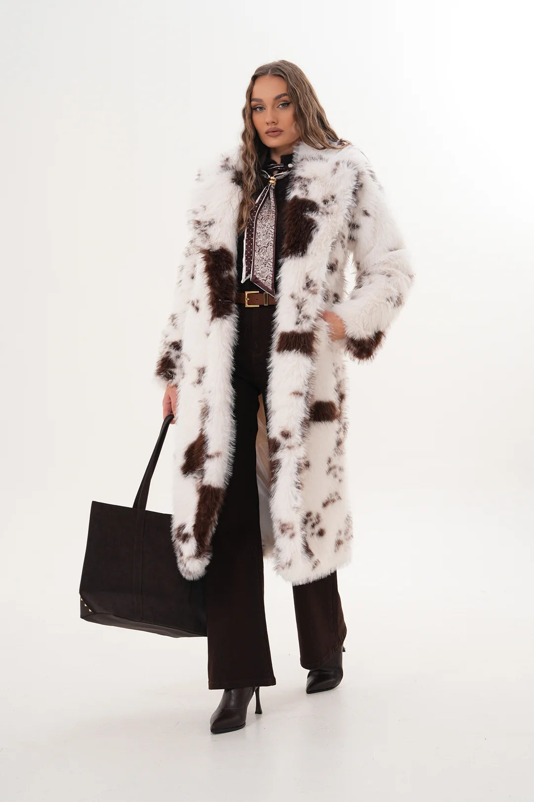 Brown Patterned Faux Fur Coat