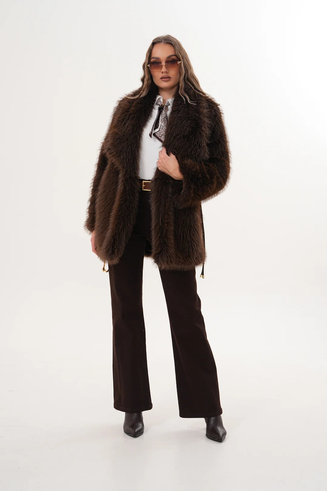 Brown Wide Collar Belted Midi-Length Faux Fur Coat