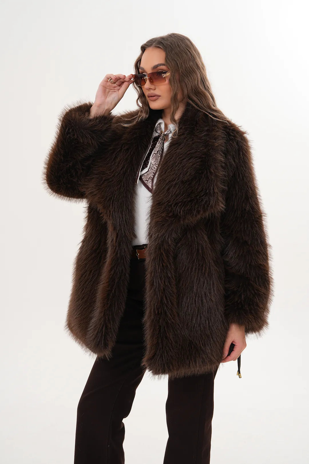 Brown Wide Collar Belted Midi-Length Faux Fur Coat
