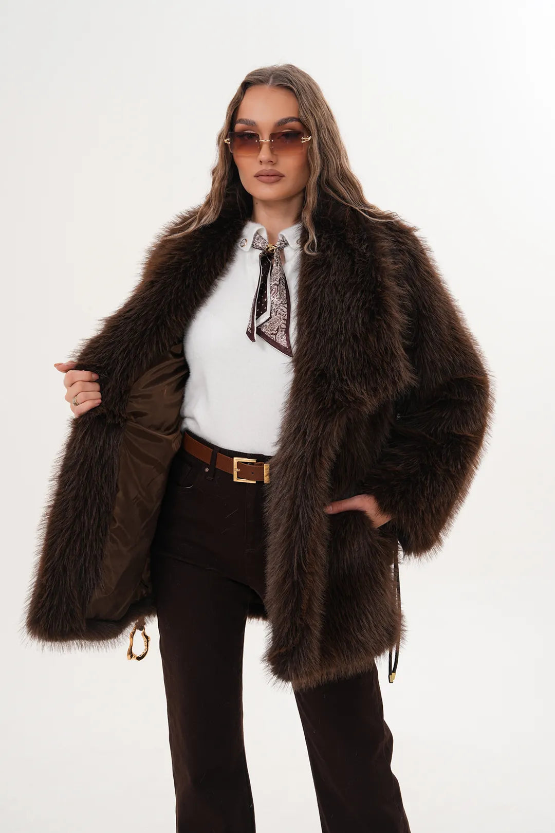 Brown Wide Collar Belted Midi-Length Faux Fur Coat