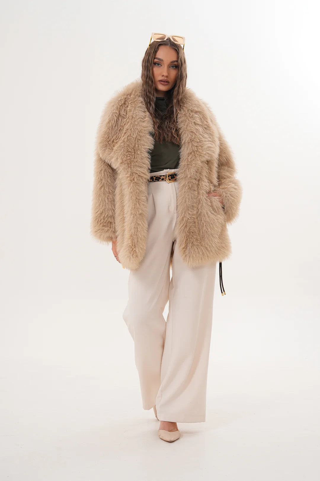 Cream Belted Wide Collar Midi-Length Faux Fur Coat