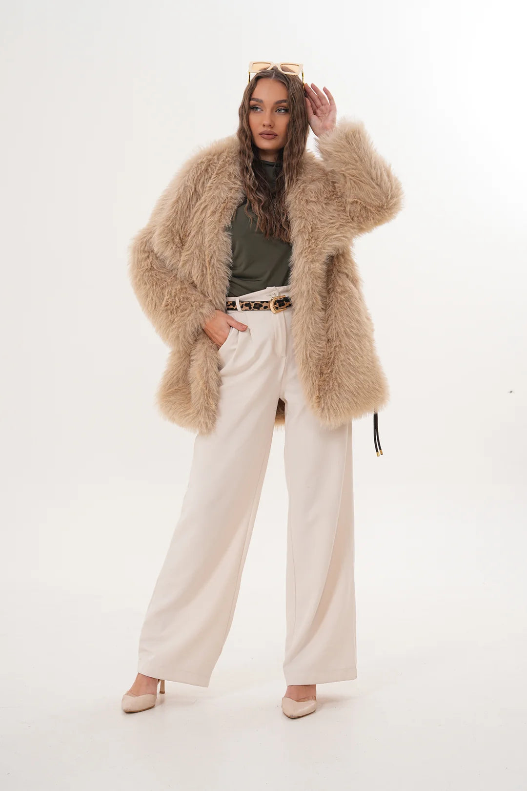Cream Belted Wide Collar Midi-Length Faux Fur Coat