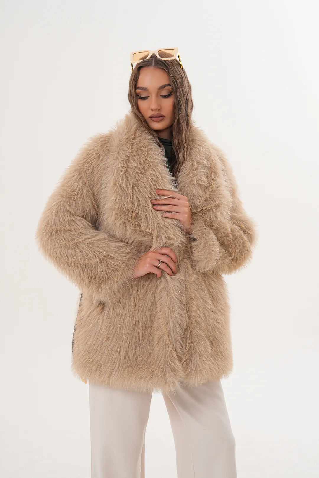Cream Belted Wide Collar Midi-Length Faux Fur Coat