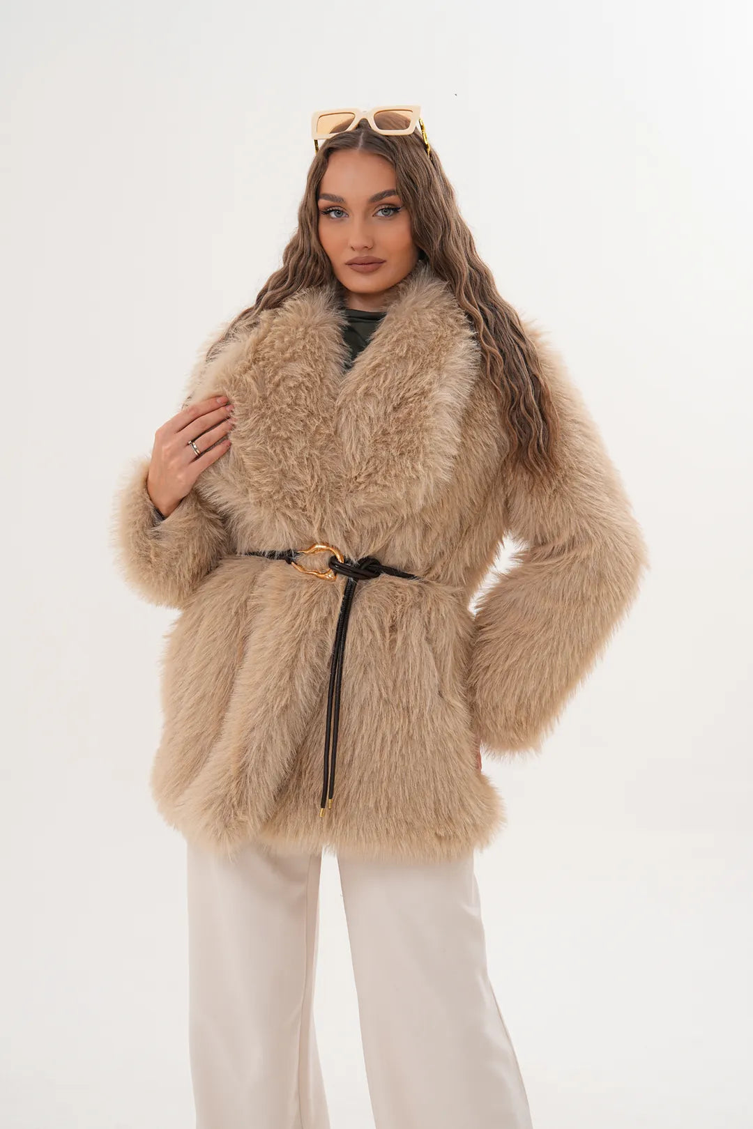 Cream Belted Wide Collar Midi-Length Faux Fur Coat