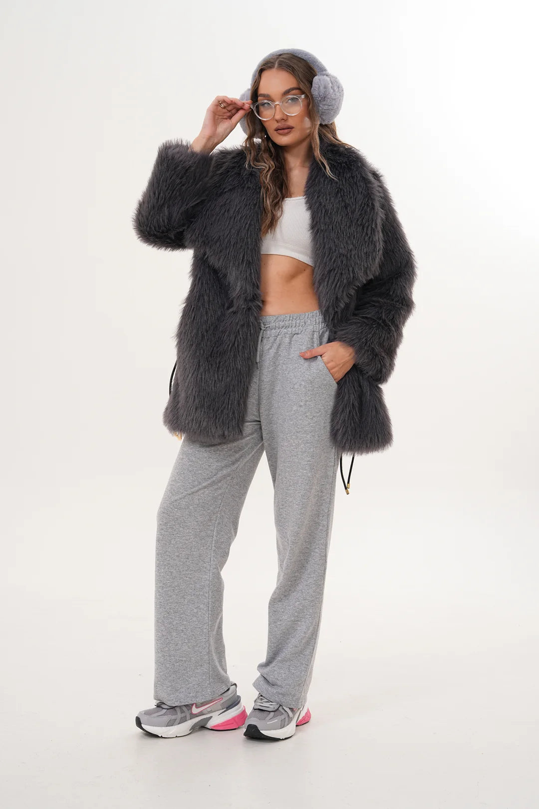 Dark Grey Belted Wide Collar Midi-Length Faux Fur Coat