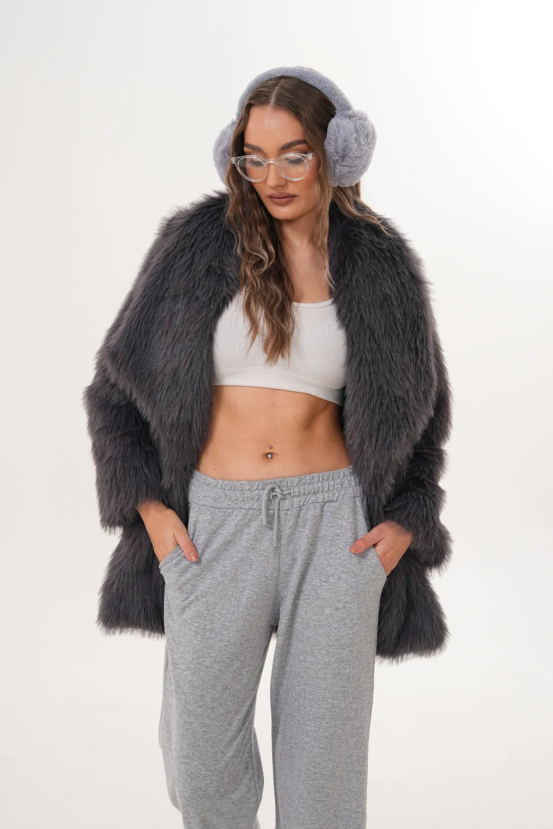 Dark Grey Belted Wide Collar Midi-Length Faux Fur Coat