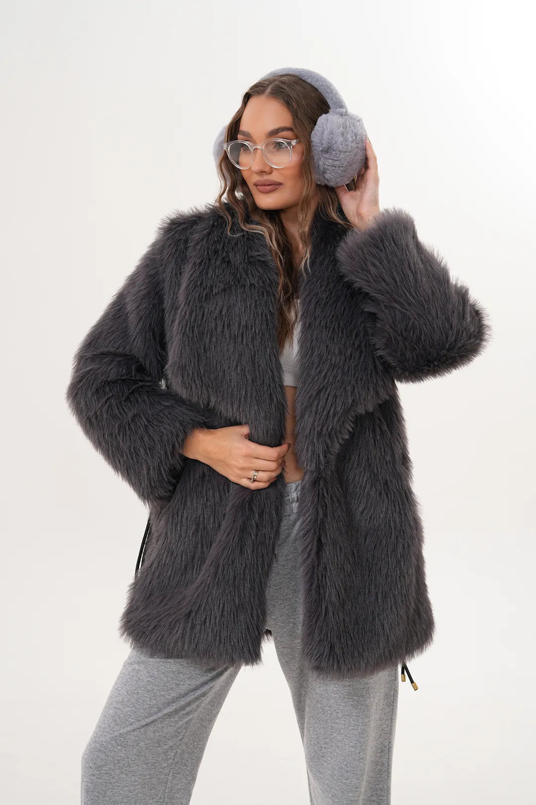 Dark Grey Belted Wide Collar Midi-Length Faux Fur Coat