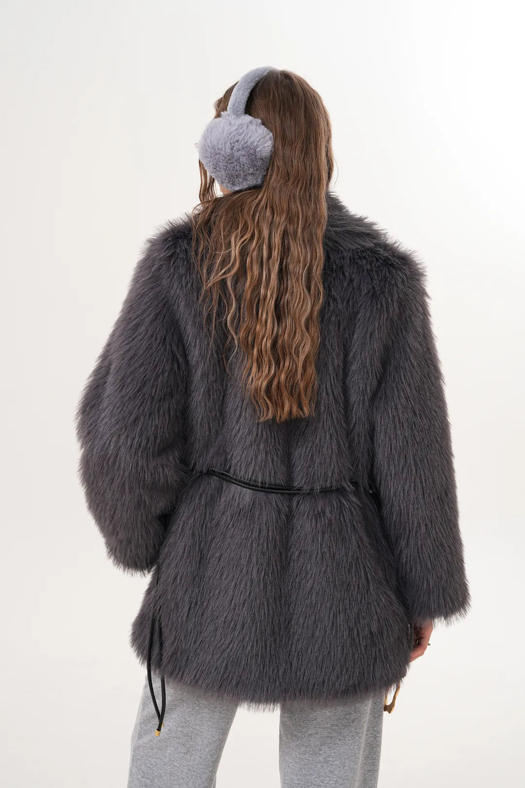 Dark Grey Belted Wide Collar Midi-Length Faux Fur Coat