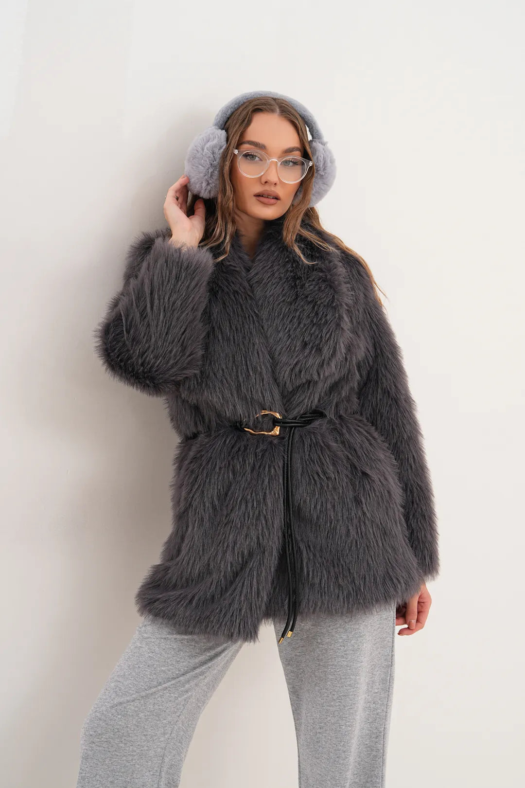 Dark Grey Belted Wide Collar Midi-Length Faux Fur Coat