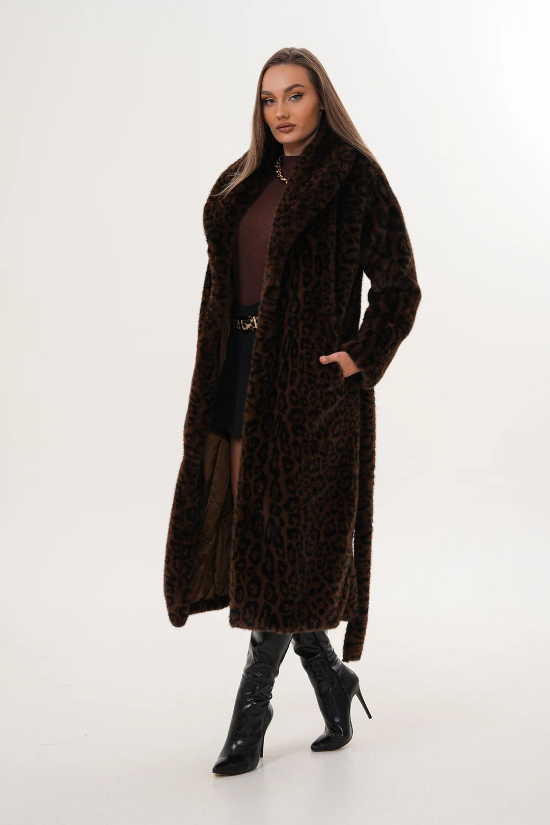 Dark Mink Leopard Faux Fur Coat