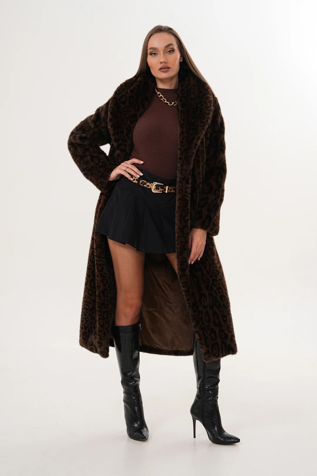 Dark Mink Leopard Faux Fur Coat