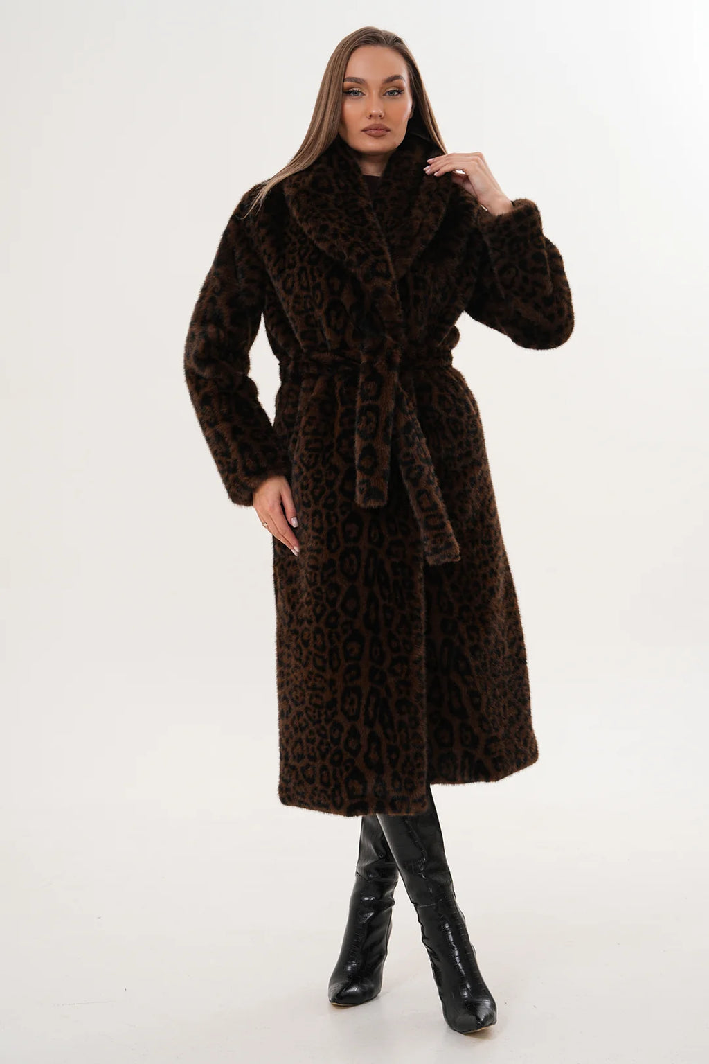Dark Mink Leopard Faux Fur Coat