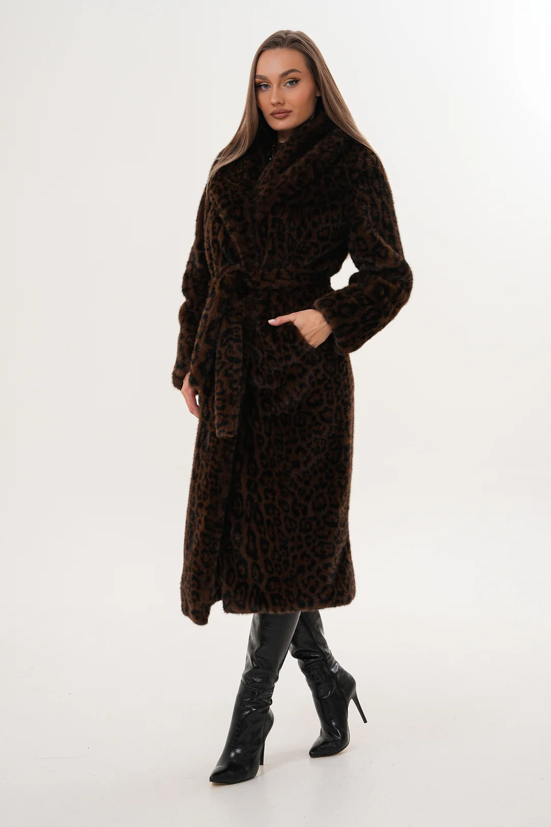 Dark Mink Leopard Faux Fur Coat
