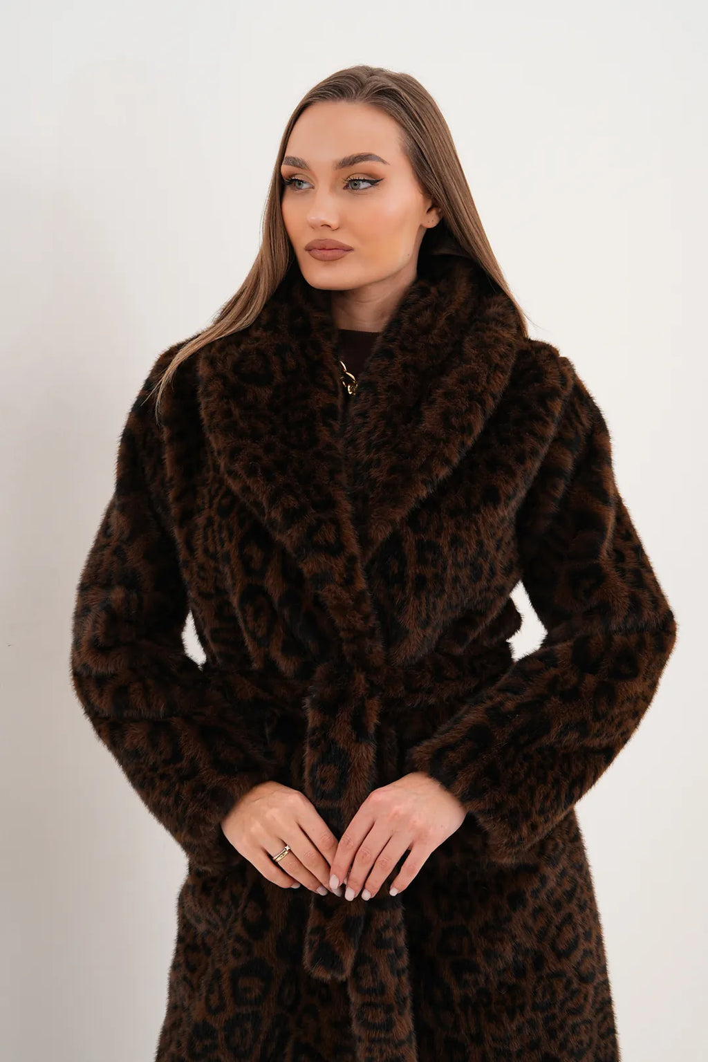 Dark Mink Leopard Faux Fur Coat