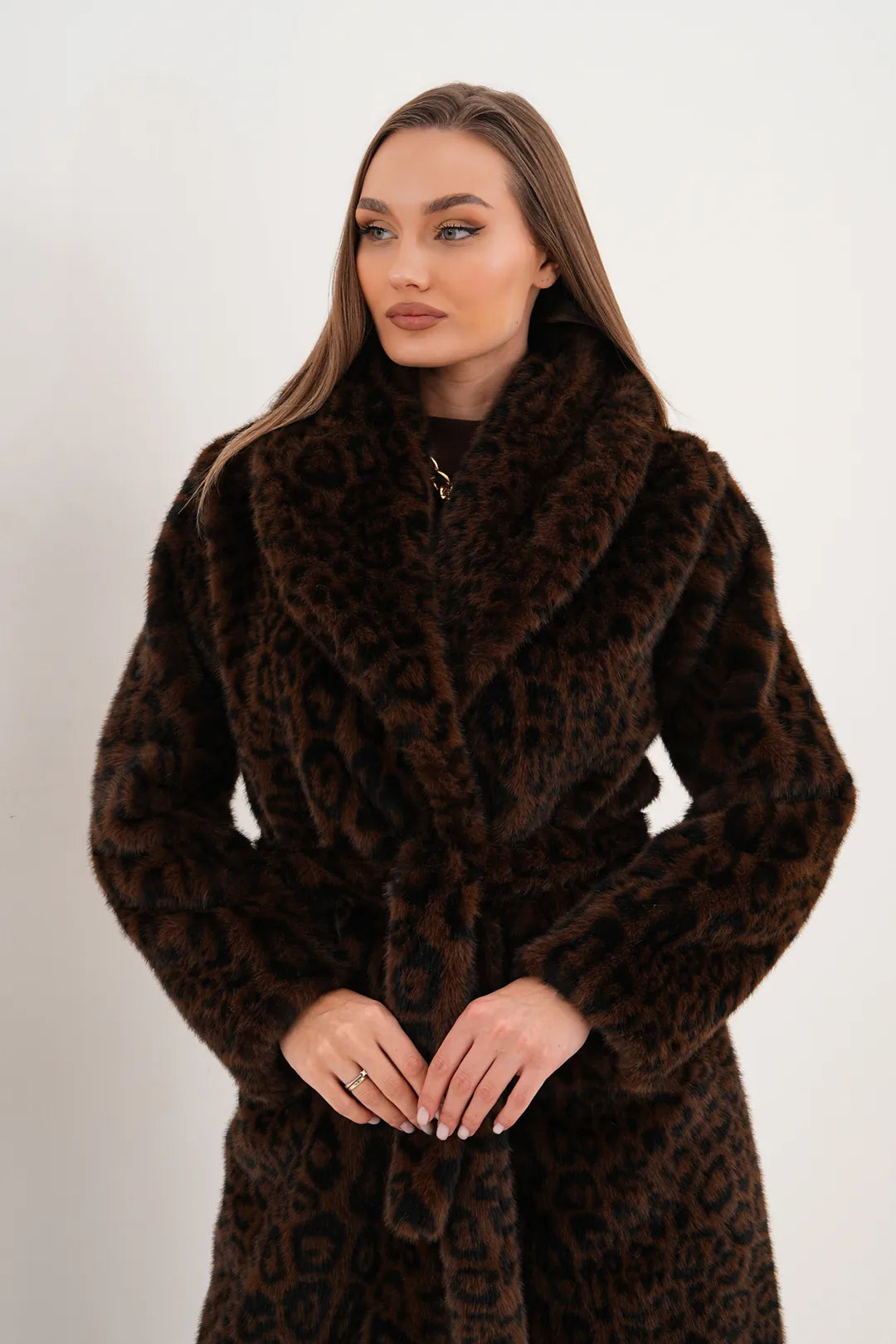 Dark Mink Leopard Faux Fur Coat