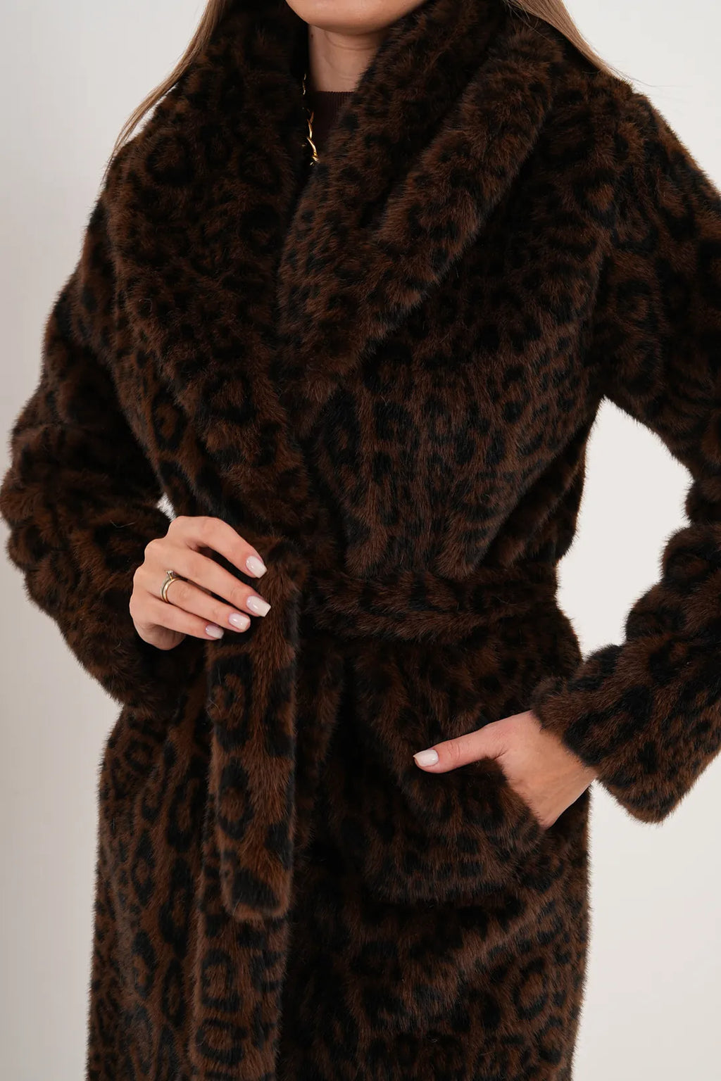 Dark Mink Leopard Faux Fur Coat