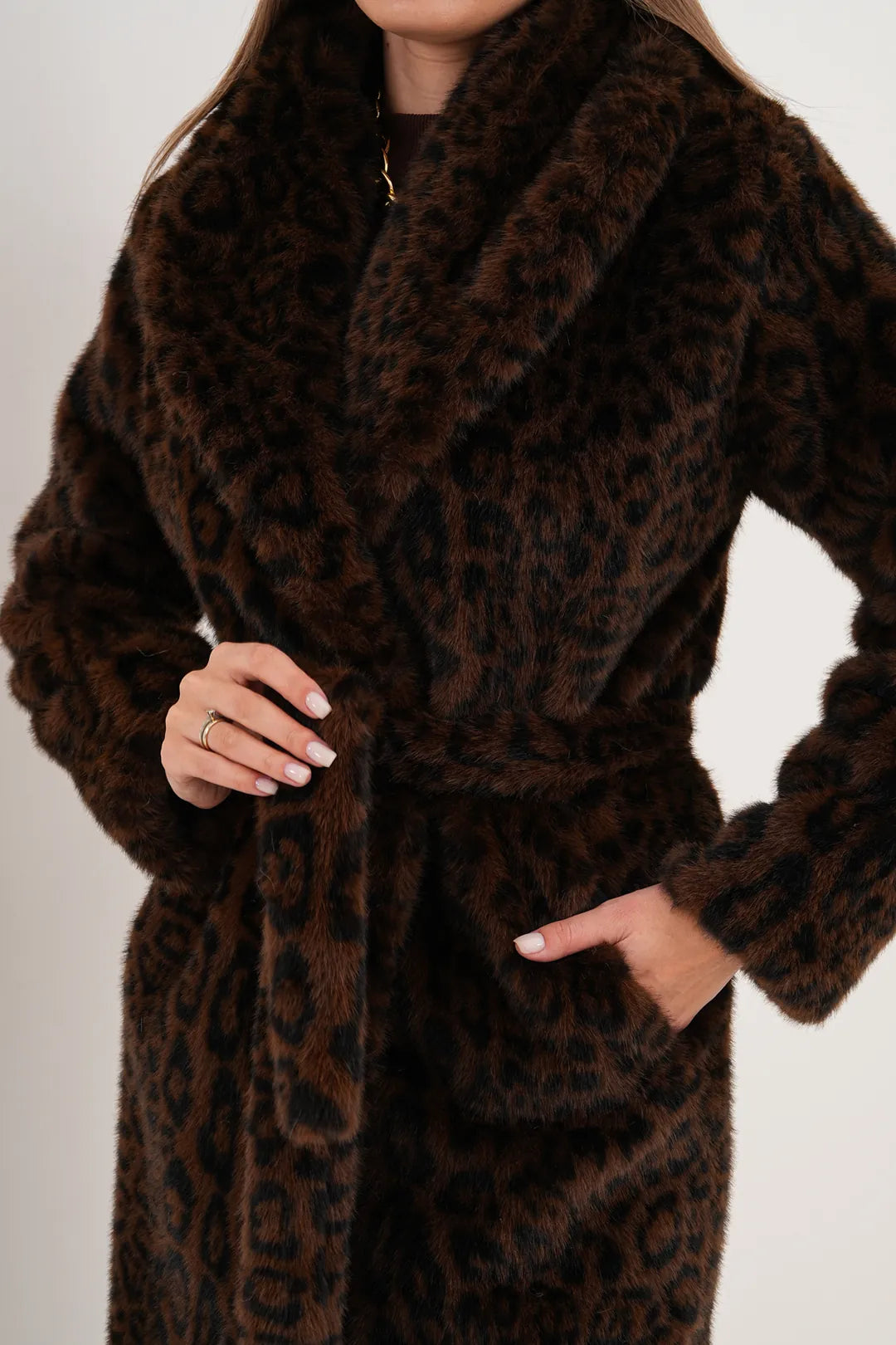 Dark Mink Leopard Faux Fur Coat