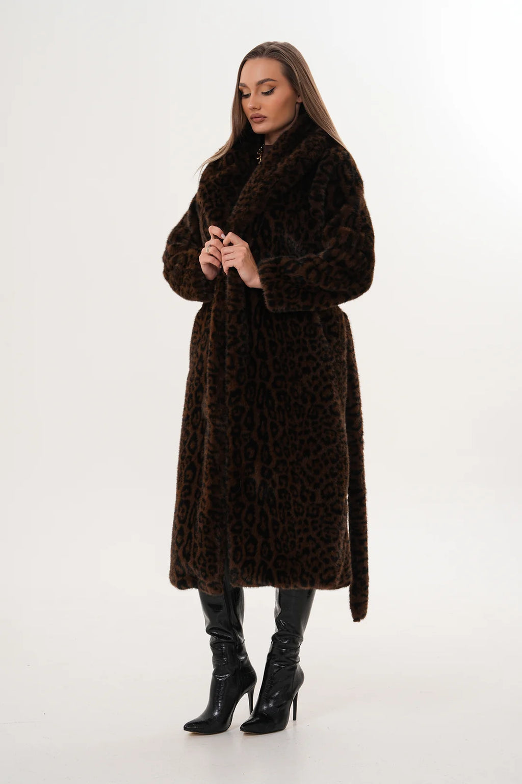 Dark Mink Leopard Faux Fur Coat