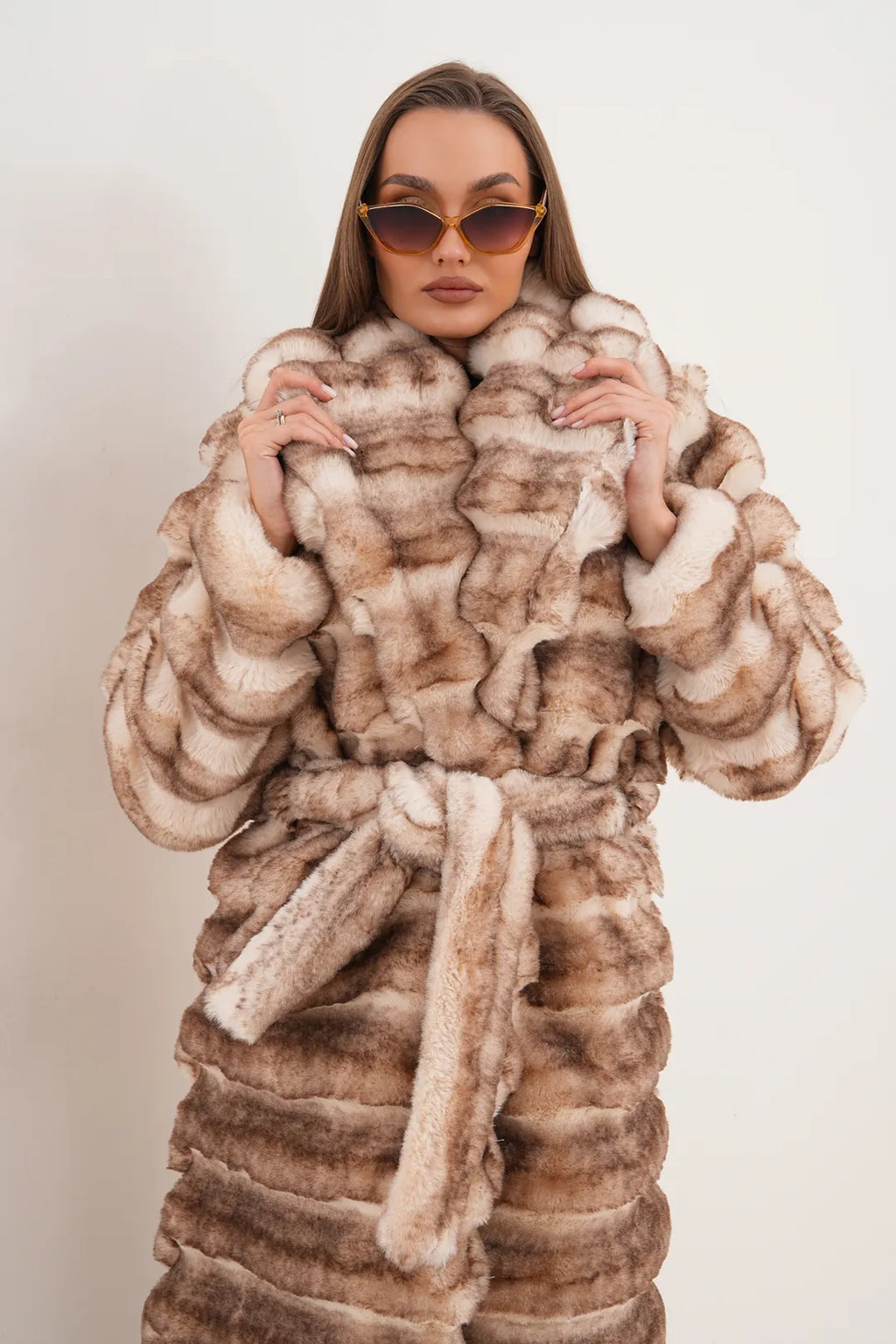Full-Length Chinchilla-Pattern Faux Fur Coat