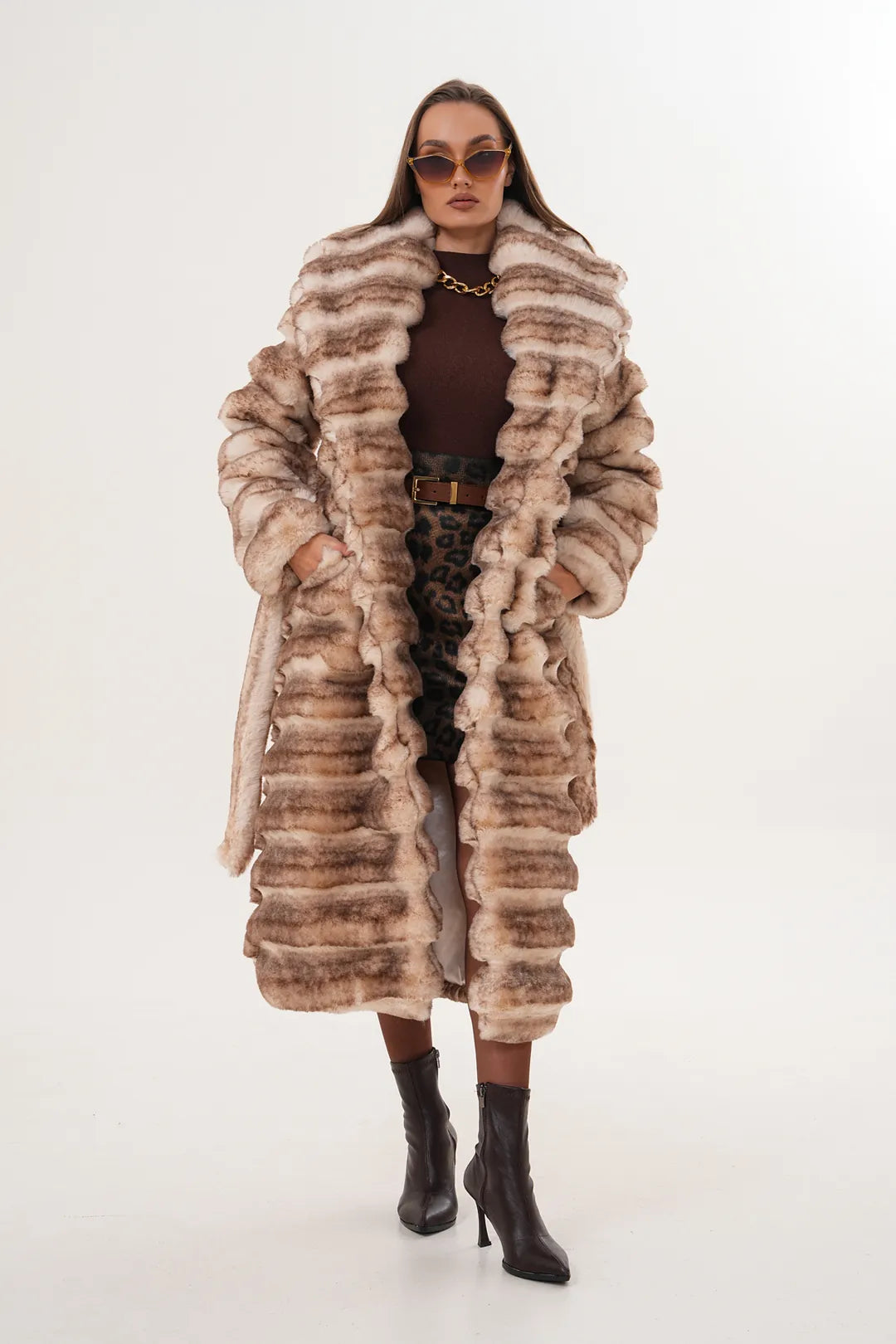 Full-Length Chinchilla-Pattern Faux Fur Coat