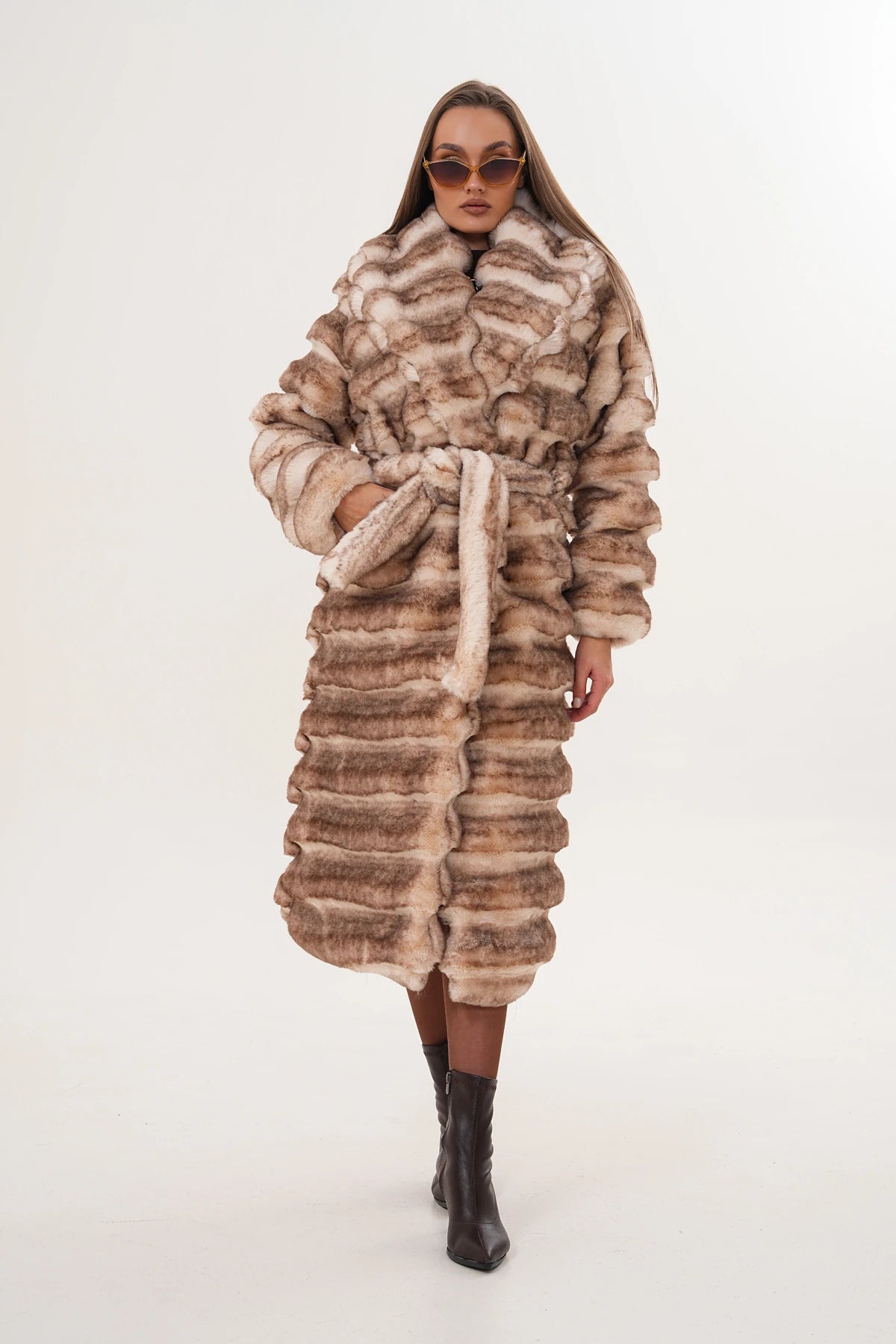 Full-Length Chinchilla-Pattern Faux Fur Coat