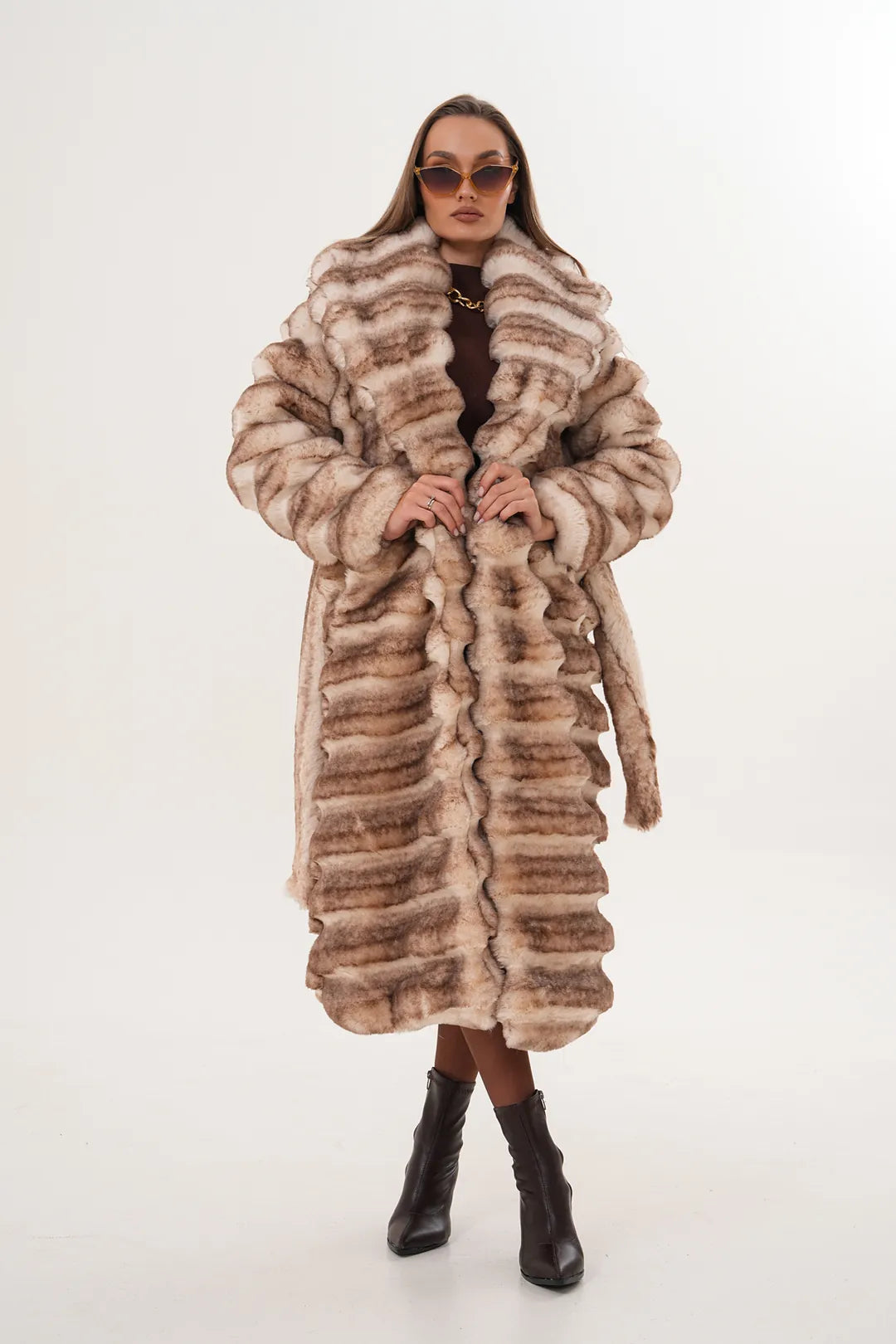 Full-Length Chinchilla-Pattern Faux Fur Coat