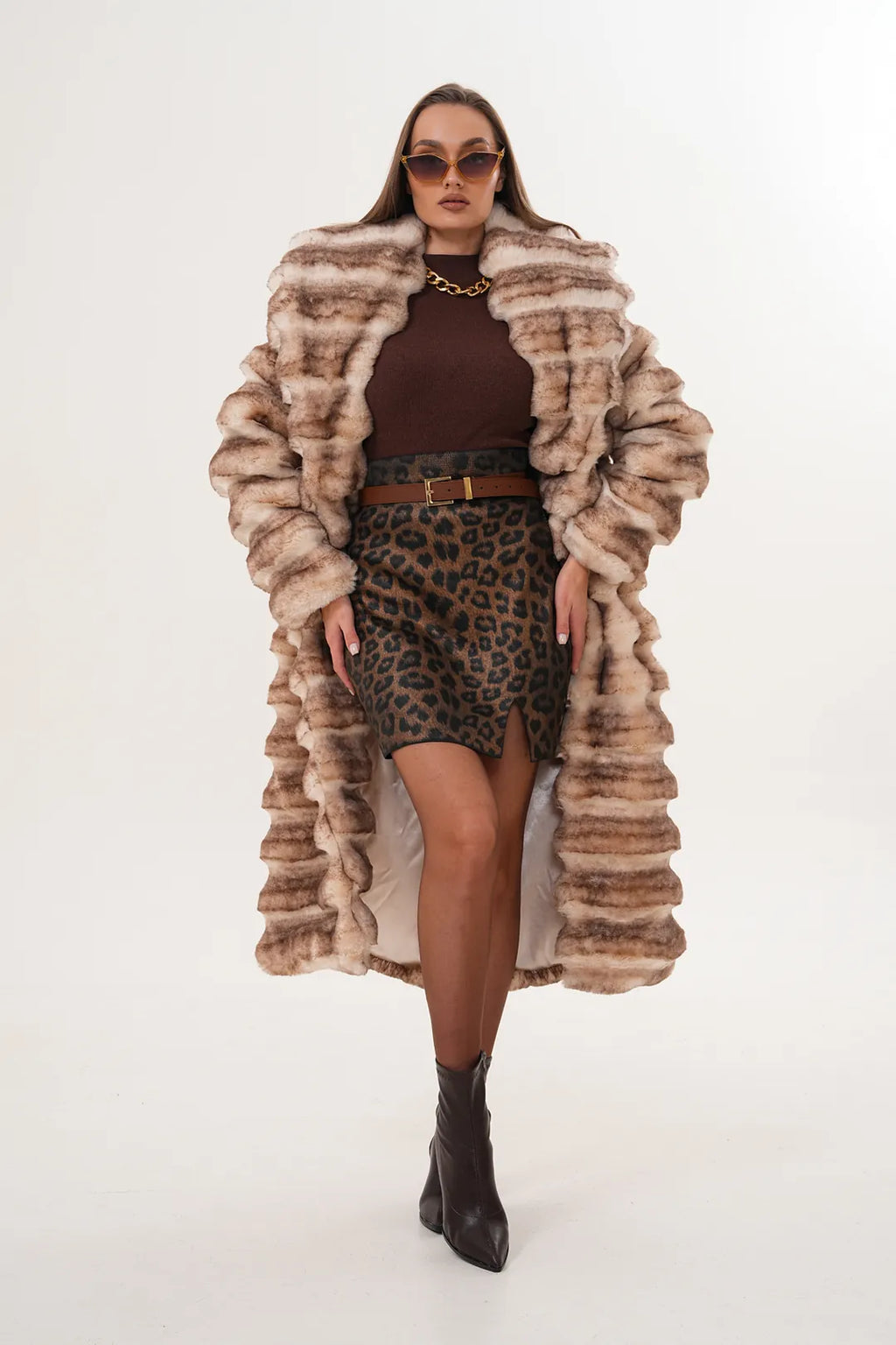 Full-Length Chinchilla-Pattern Faux Fur Coat