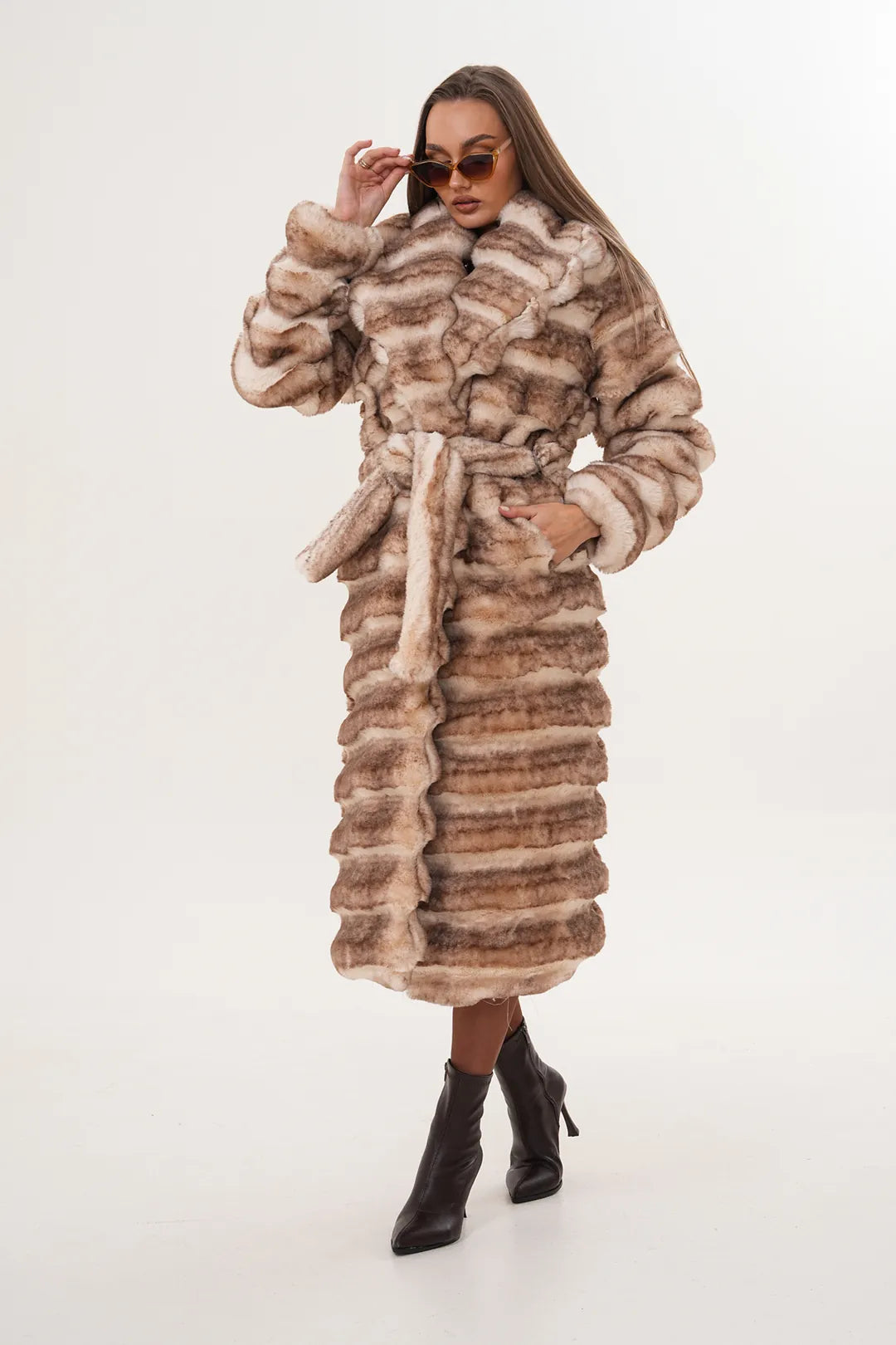 Full-Length Chinchilla-Pattern Faux Fur Coat