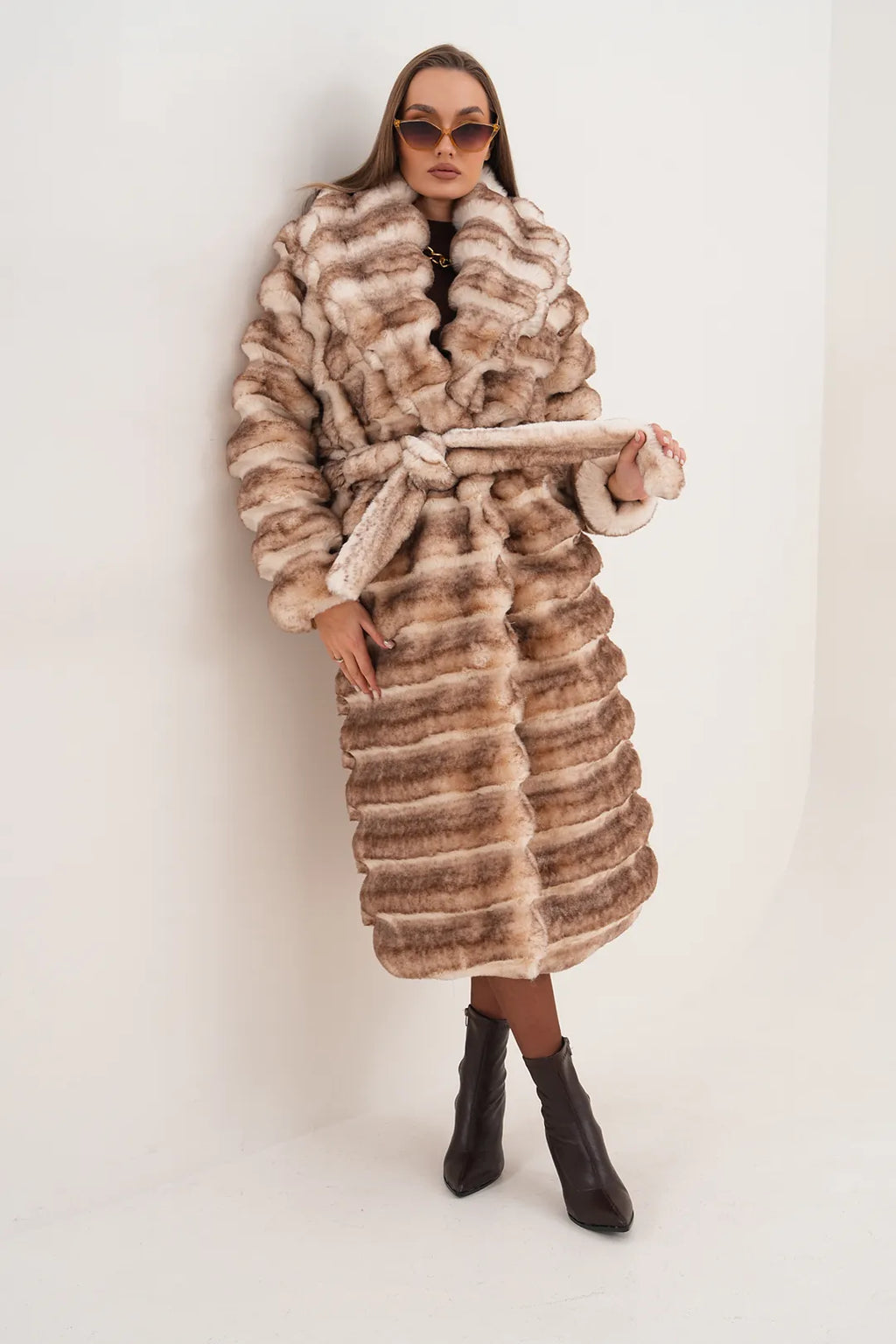 Full-Length Chinchilla-Pattern Faux Fur Coat
