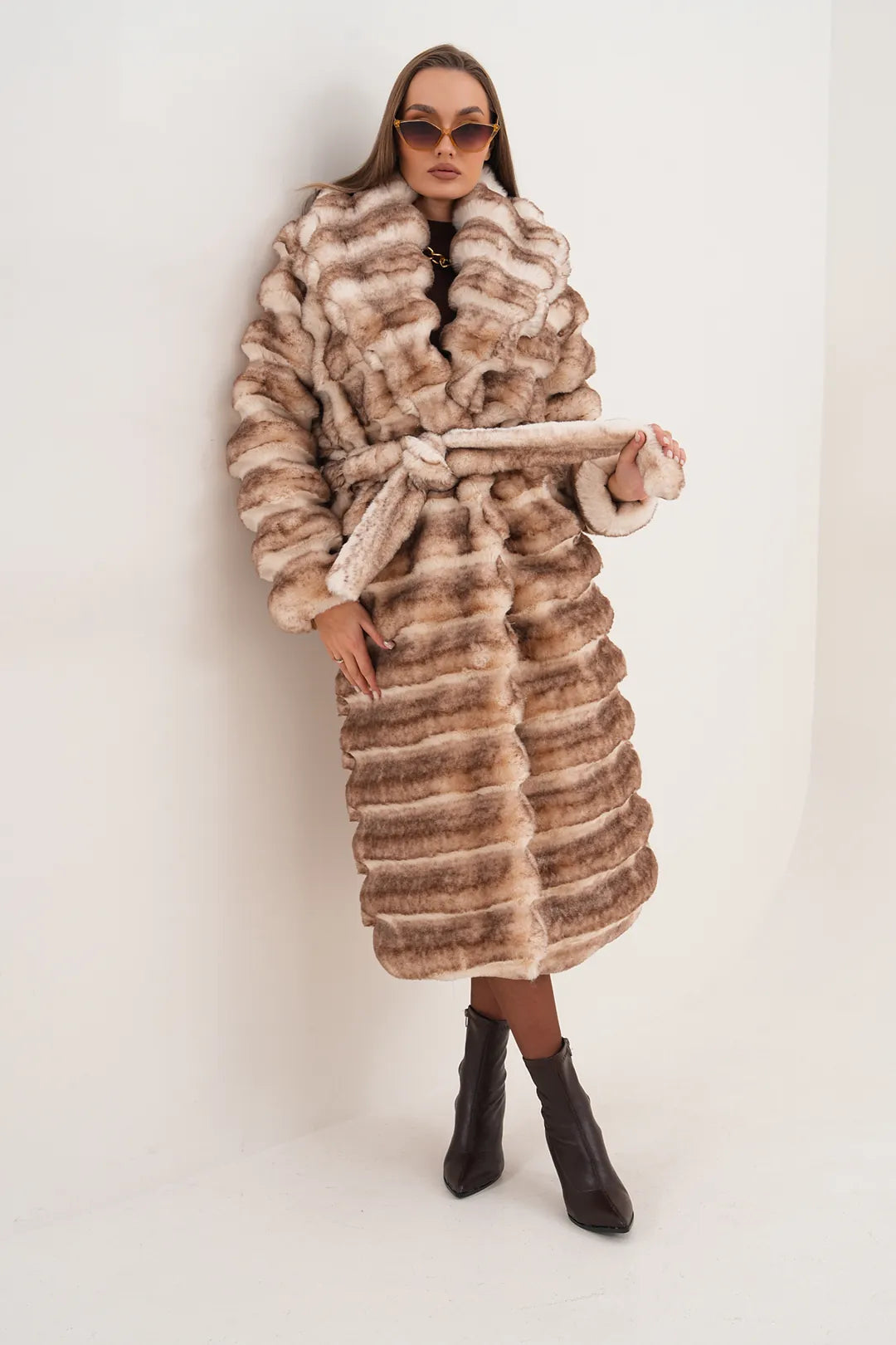 Full-Length Chinchilla-Pattern Faux Fur Coat