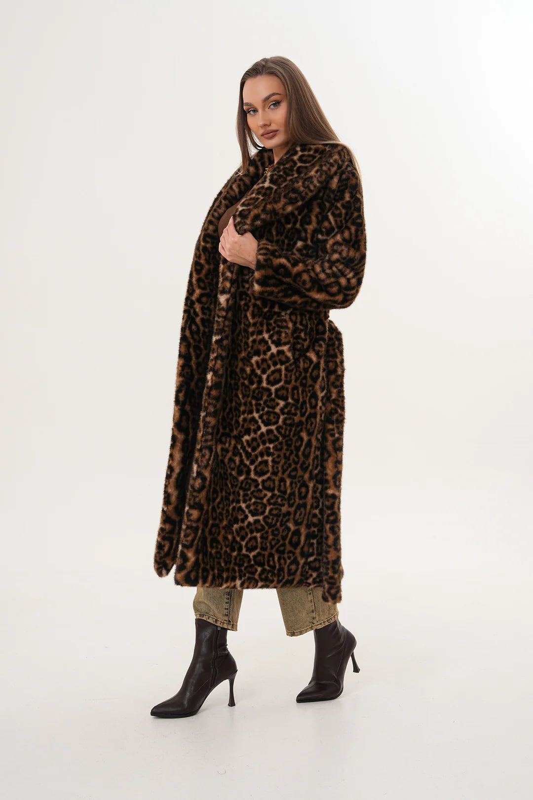Full-Length Mink Leopard Faux Fur Coat