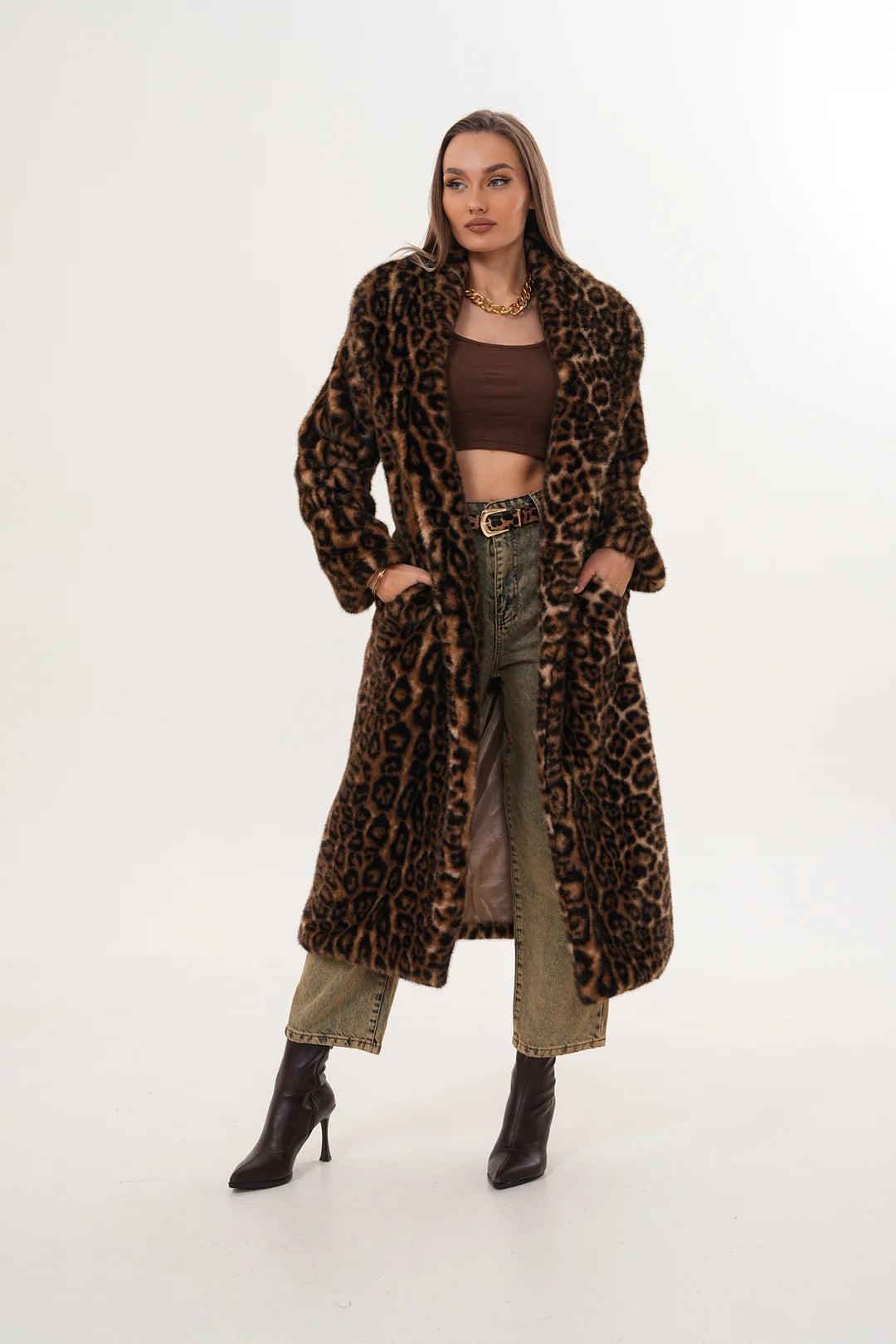 Full-Length Mink Leopard Faux Fur Coat