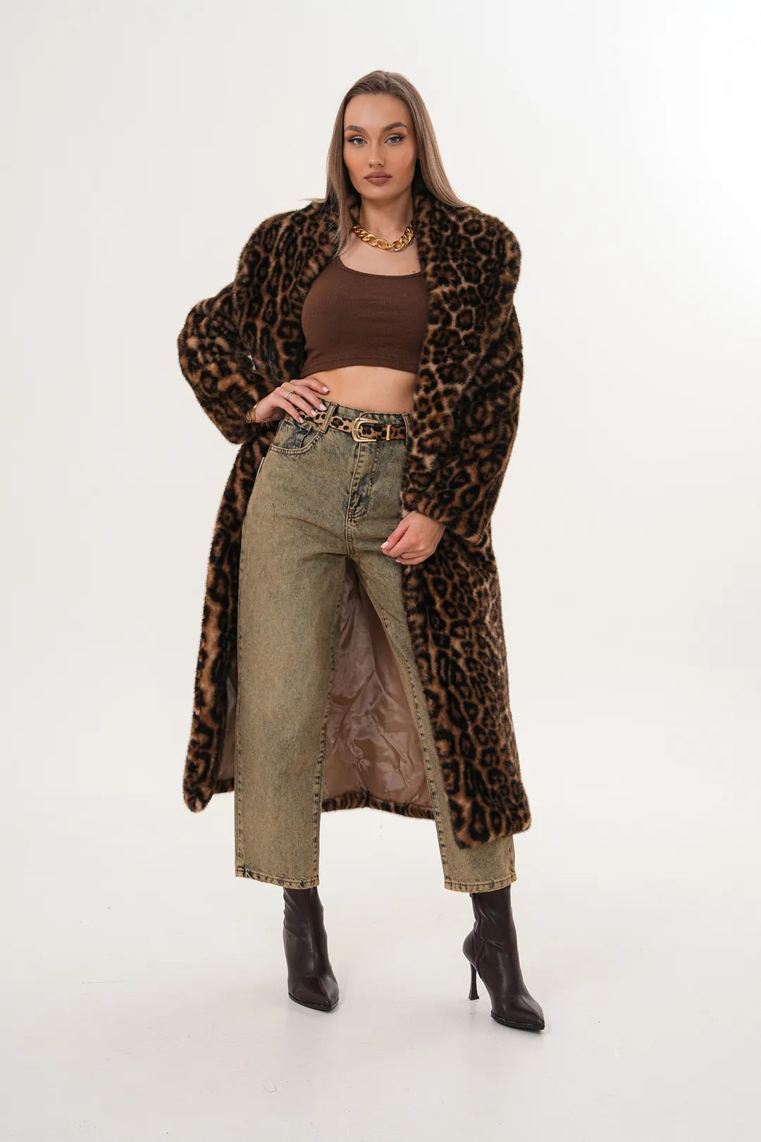 Full-Length Mink Leopard Faux Fur Coat