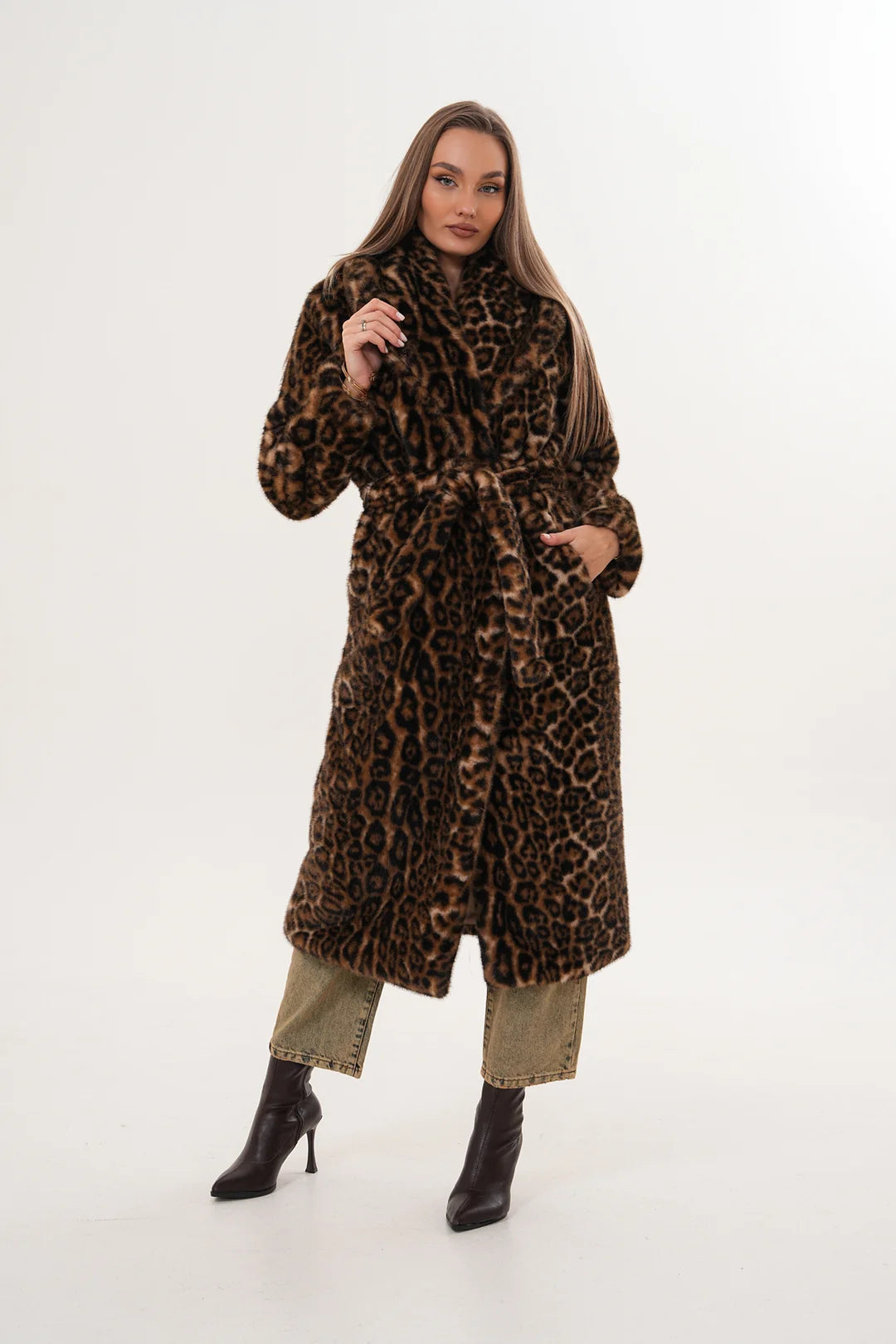 Full-Length Mink Leopard Faux Fur Coat
